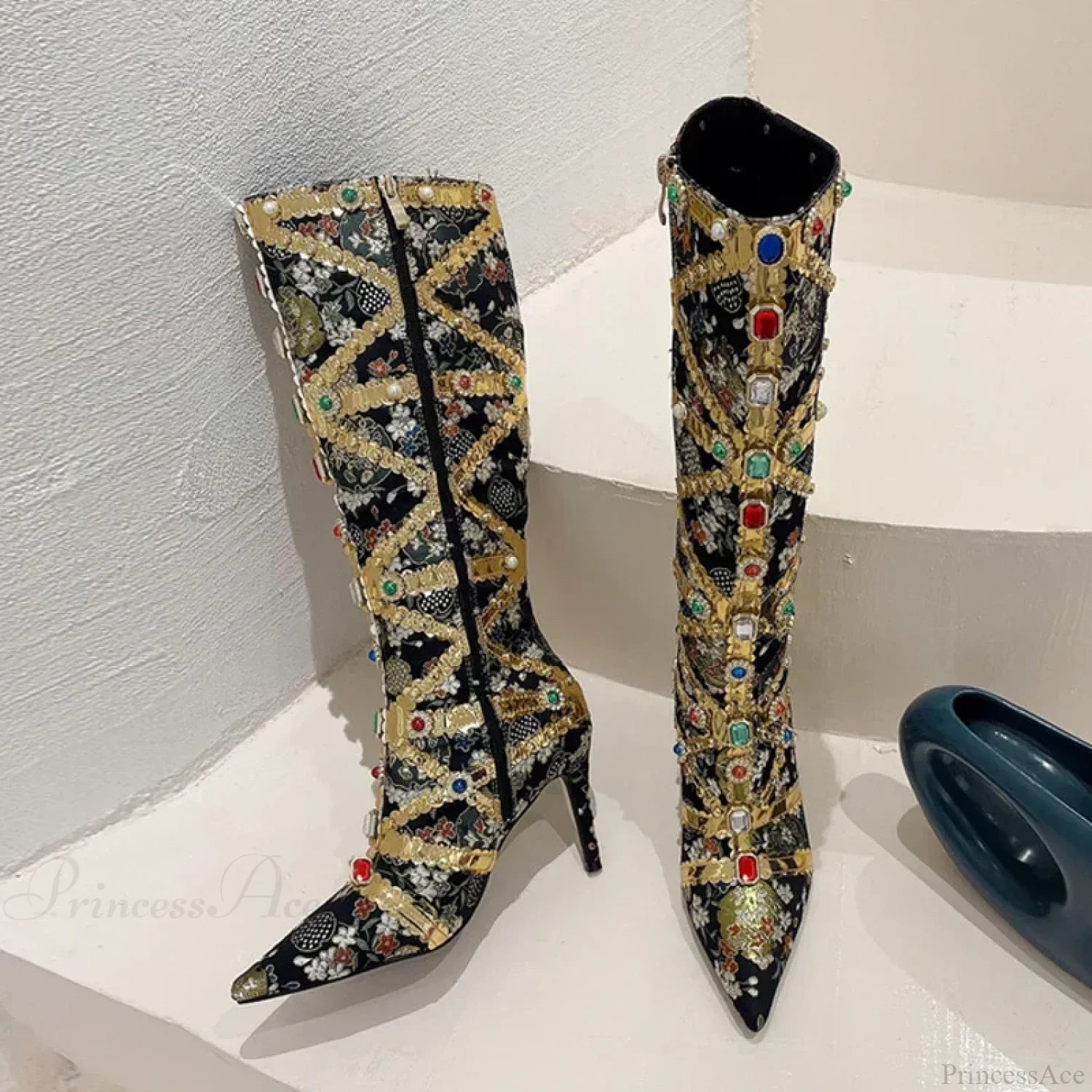 RunwayFashion Color Gem Embroider Pointed Toe Zip Stripper Heels Booties High Heel