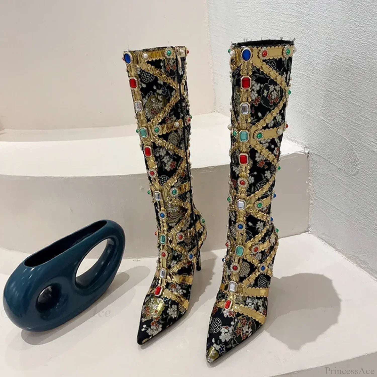 RunwayFashion Color Gem Embroider Pointed Toe Zip Stripper Heels Booties High Heel