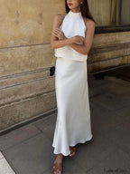 Sacred Dream Open Back Satin Two Piece Skirt Set