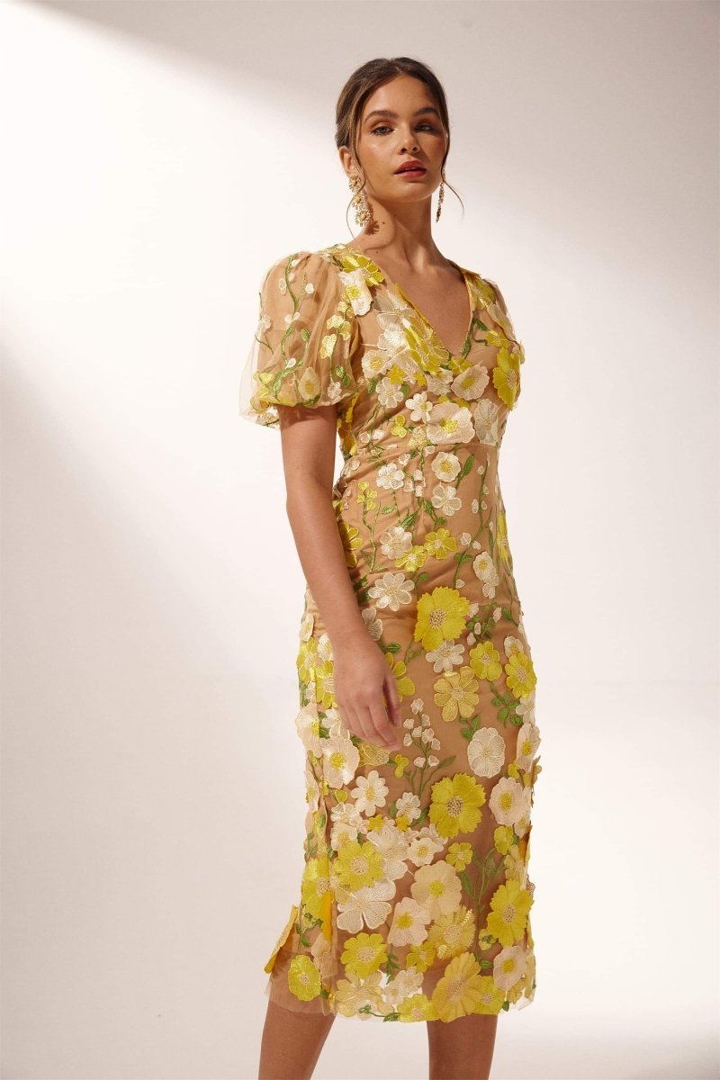 Tania Minimalist V Neck Floral Midi Dress Boutique Collection