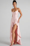 Kijin Pink Ruffled Satin Strapless Maxi Dress