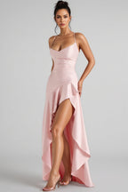 Kijin Pink Ruffled Satin Strapless Maxi Dress