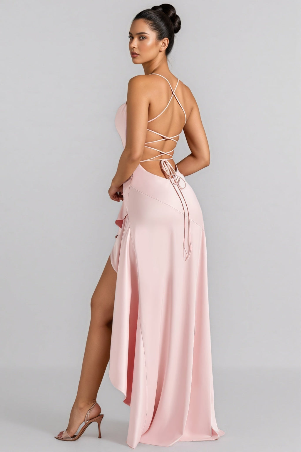 Kijin Pink Ruffled Satin Strapless Maxi Dress
