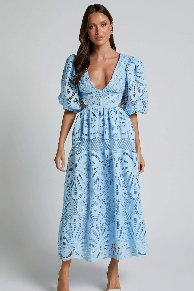 Plunging V-Neck Puff Sleeve Crochet Lace Waist Cutout Maxi Dress