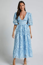 Eyelet Lace Puff Sleeve Waist Cutout Maxi Dress