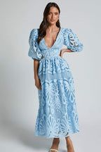 Plunging V-Neck Puff Sleeve Crochet Lace Waist Cutout Maxi Dress