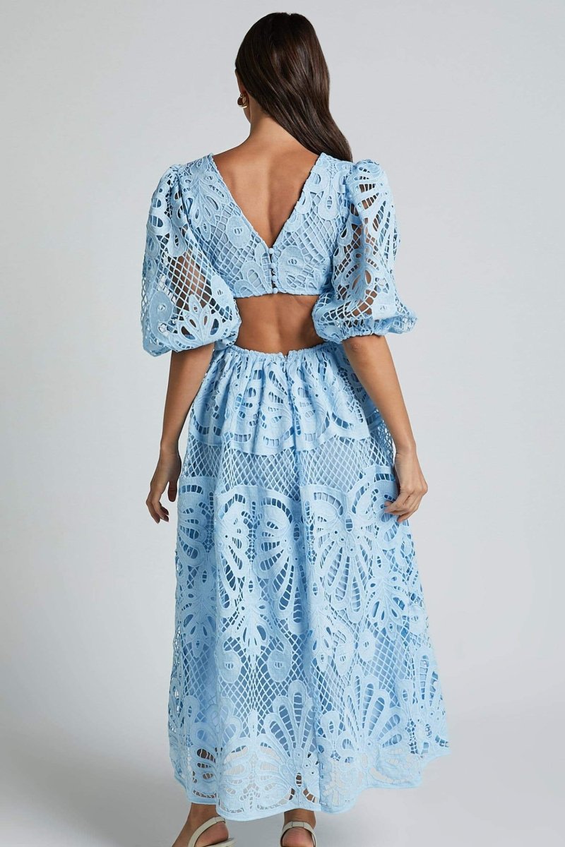 Lace Puff Sleeve Side Cut Out Deep V-Neck Midi Dress