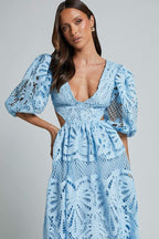 Plunging V-Neck Puff Sleeve Crochet Lace Waist Cutout Maxi Dress