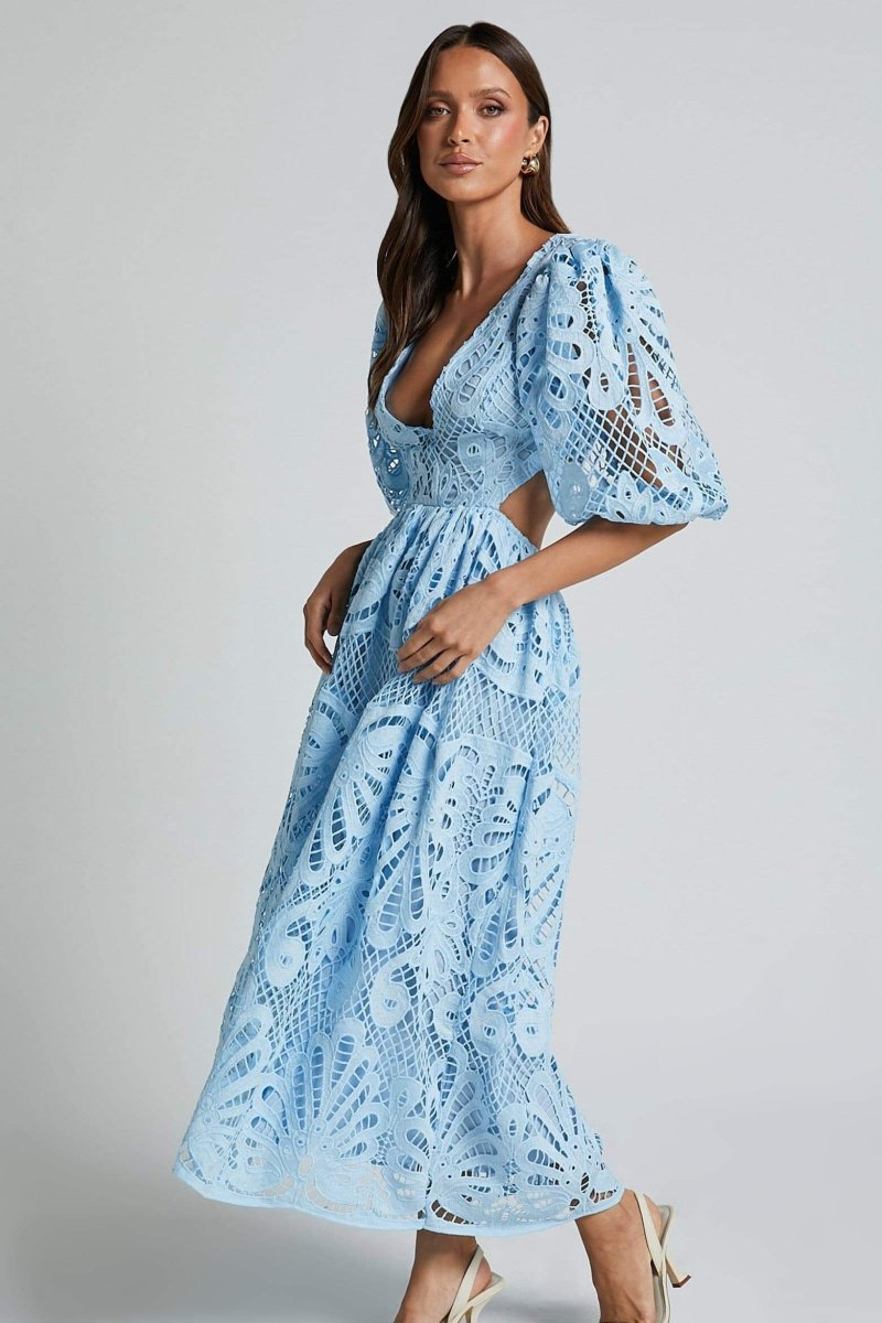 Lace Puff Sleeve Side Cut Out Deep V-Neck Midi Dress