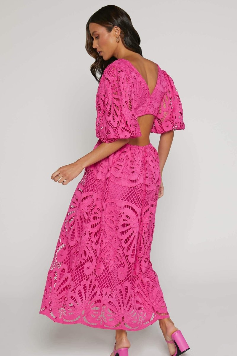 Plunging V-Neck Puff Sleeve Crochet Lace Waist Cutout Maxi Dress