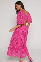 Plunging V-Neck Puff Sleeve Crochet Lace Waist Cutout Maxi Dress