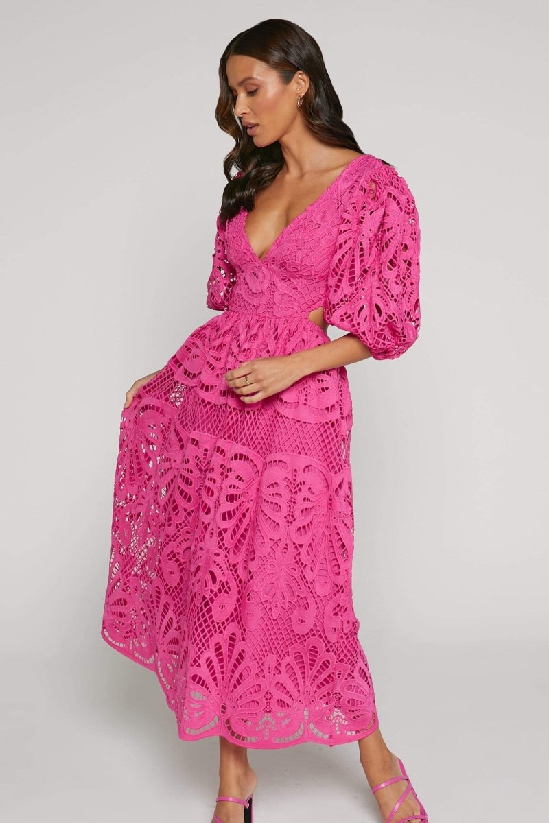 Lace Puff Sleeve Side Cut Out Deep V-Neck Midi Dress
