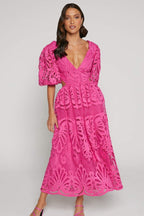 Lace Puff Sleeve Side Cut Out Deep V-Neck Midi Dress