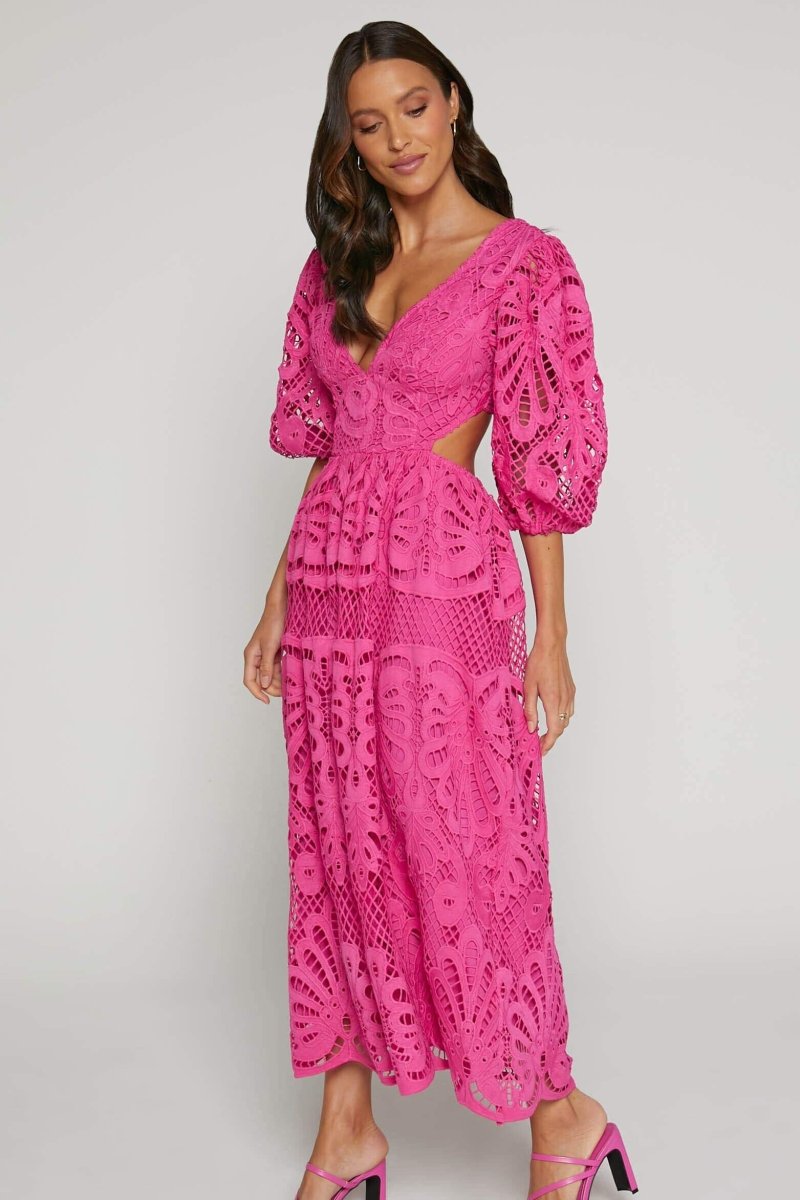 Plunging V-Neck Puff Sleeve Crochet Lace Waist Cutout Maxi Dress