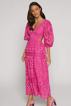 Lace Puff Sleeve Side Cut Out Deep V-Neck Midi Dress