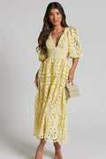 Plunging V-Neck Puff Sleeve Crochet Lace Waist Cutout Maxi Dress