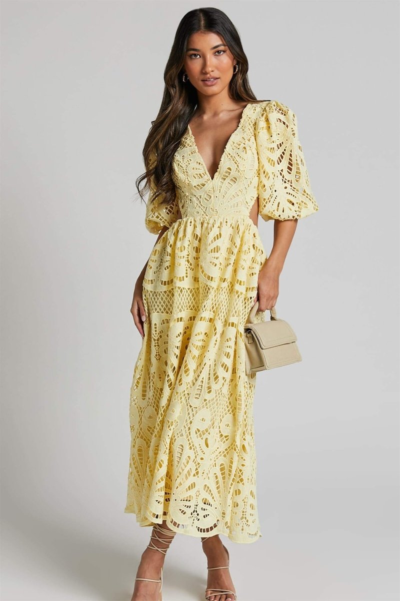 Plunging V-Neck Puff Sleeve Crochet Lace Waist Cutout Maxi Dress