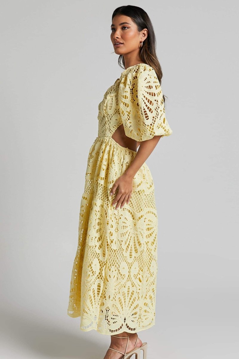 Plunging V-Neck Puff Sleeve Crochet Lace Waist Cutout Maxi Dress