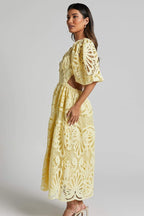 Plunging V-Neck Puff Sleeve Crochet Lace Waist Cutout Maxi Dress