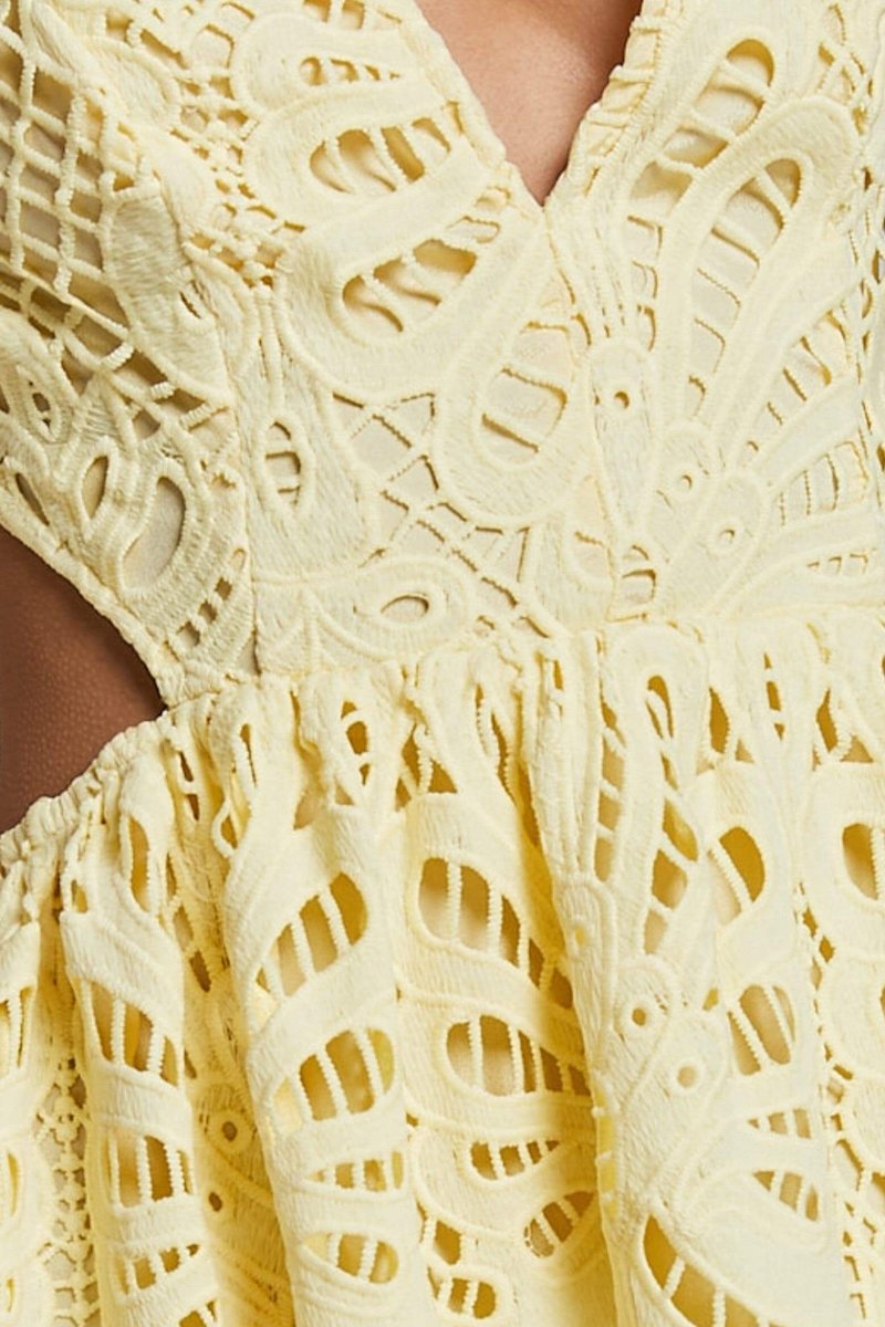 Eyelet Lace Puff Sleeve Waist Cutout Maxi Dress