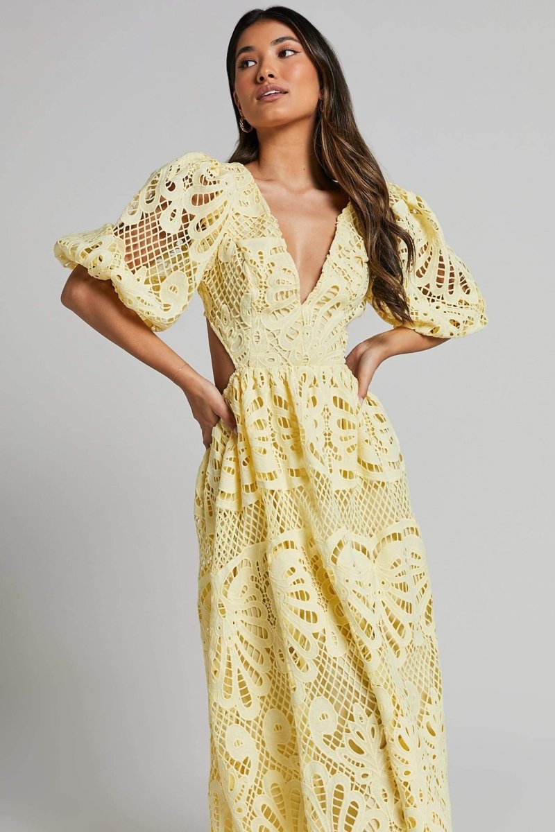 Plunging V-Neck Puff Sleeve Crochet Lace Waist Cutout Maxi Dress