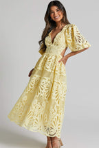 Eyelet Lace Puff Sleeve Waist Cutout Maxi Dress