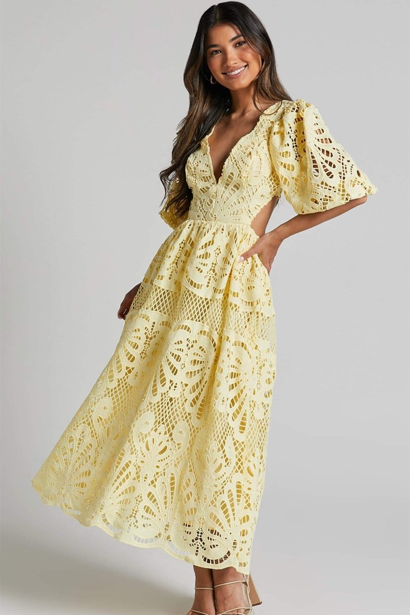 Plunging V-Neck Puff Sleeve Crochet Lace Waist Cutout Maxi Dress