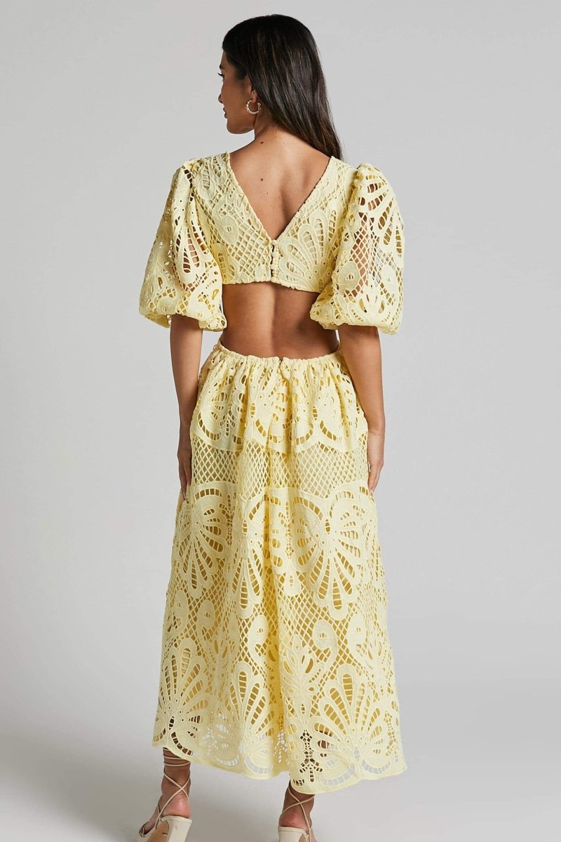 Lace Puff Sleeve Side Cut Out Deep V-Neck Midi Dress