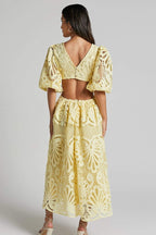Eyelet Lace Puff Sleeve Waist Cutout Maxi Dress