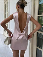 Satin Backless Bow Detail Short Dress