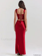 Red Satin Backless Skirt Maxi Dress