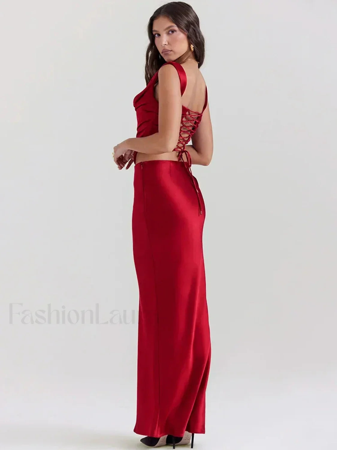 Red Satin Backless Skirt Maxi Dress