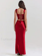 Red Satin Backless Skirt Maxi Dress