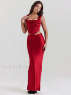 Red Satin Backless Skirt Maxi Dress