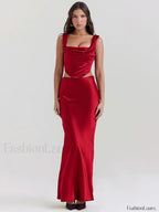 Red Satin Backless Skirt Maxi Dress
