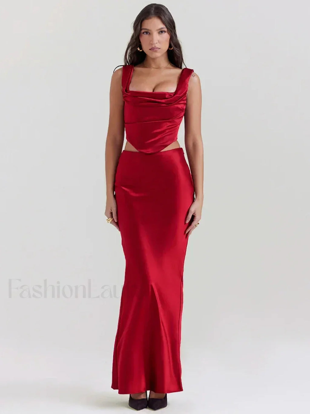 Red Satin Backless Skirt Maxi Dress