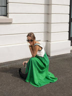 Green Satin Contrast Trim Long Dress