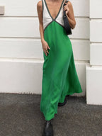 Green Satin Contrast Trim Long Dress