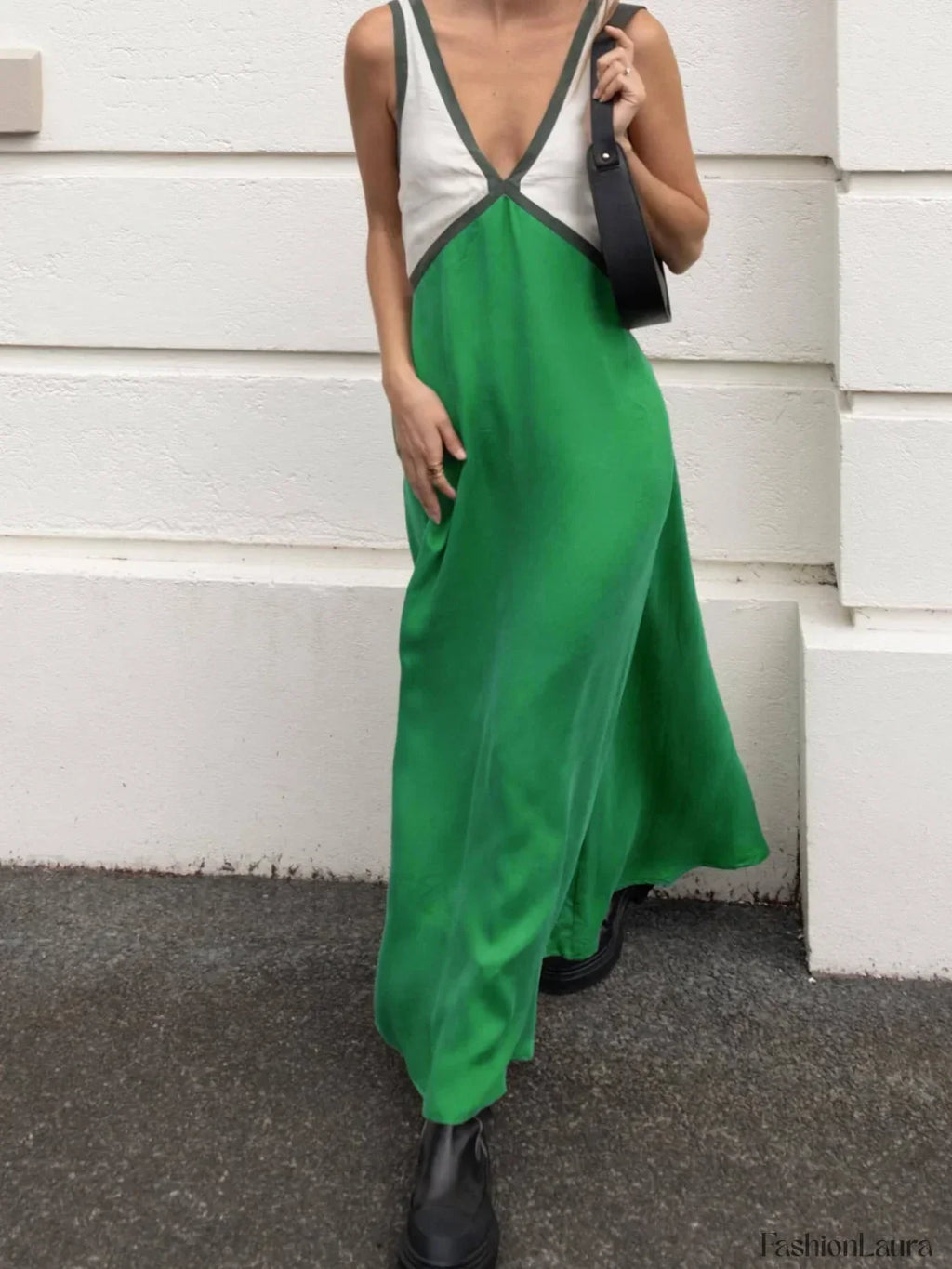 Green Satin Contrast Trim Long Dress