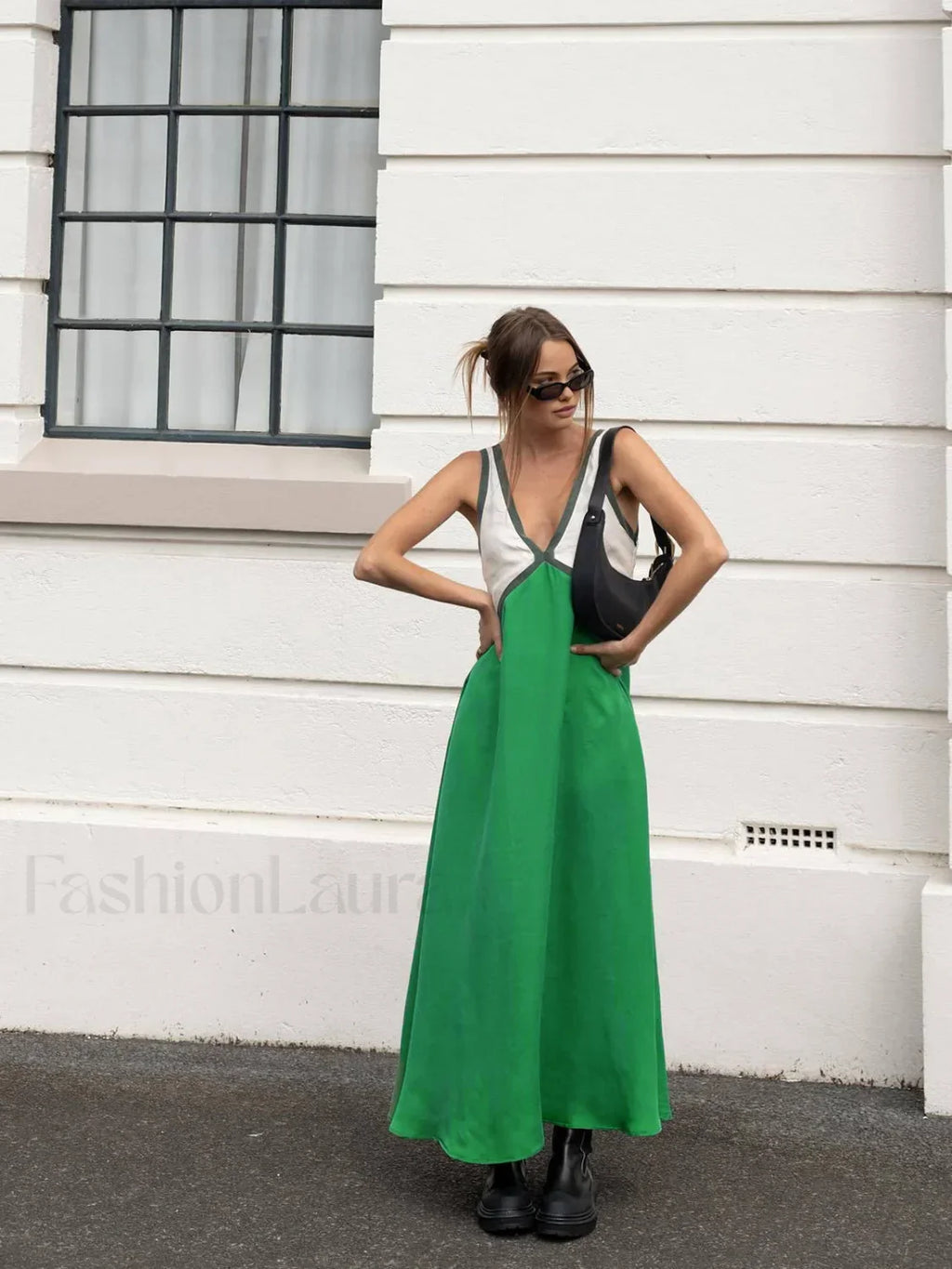 Green Satin Contrast Trim Long Dress