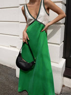 Green Satin Contrast Trim Long Dress