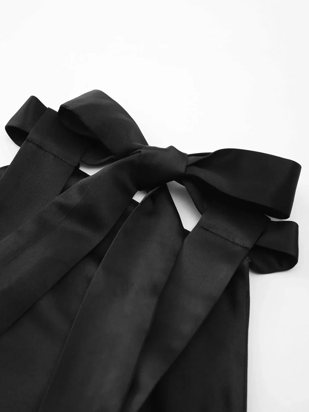 Black Satin Knotted Doule Pockets Open Back Pleated Mini Dress