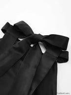 Black Satin Knotted Doule Pockets Open Back Pleated Mini Dress