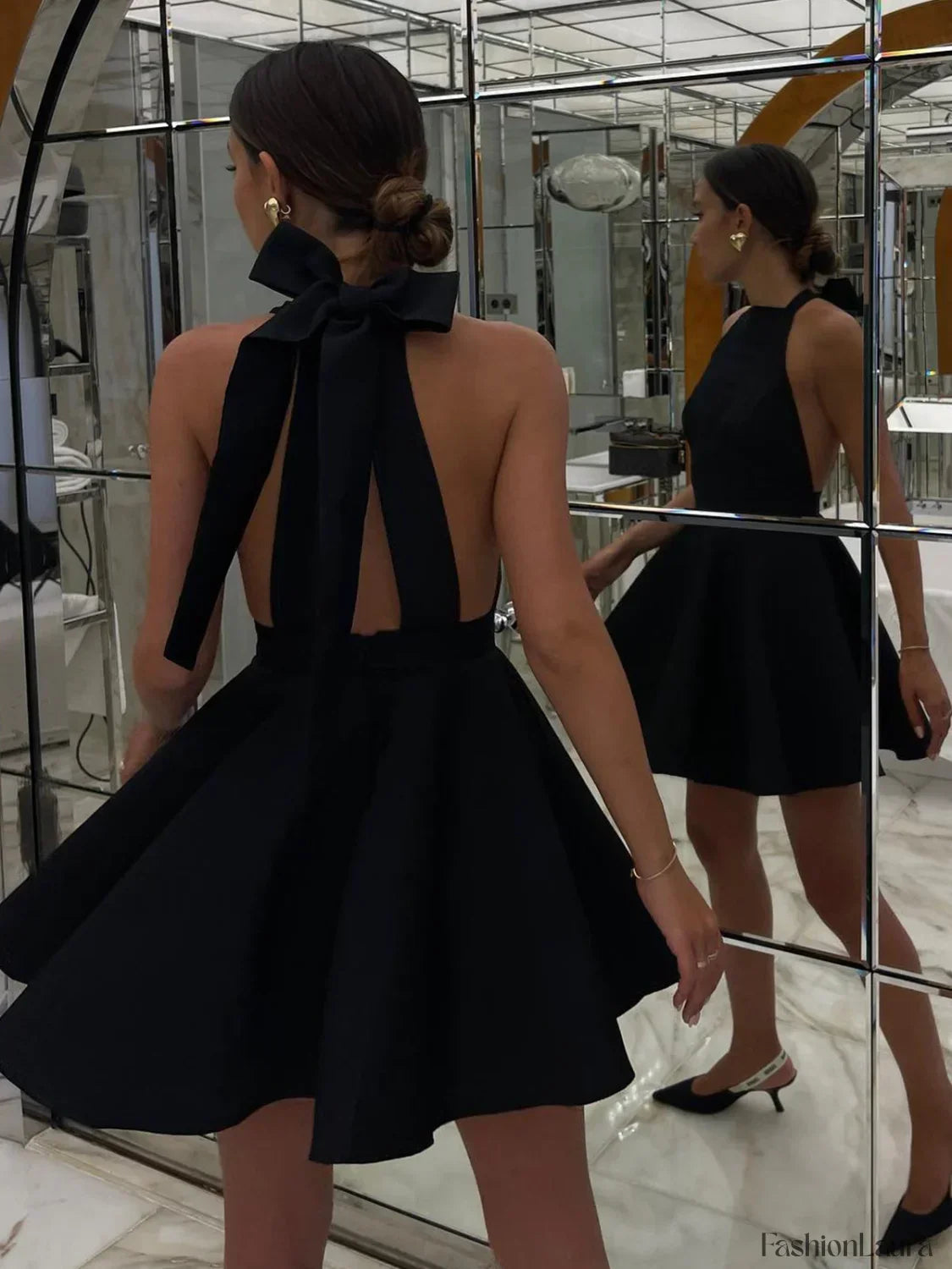 Black Satin Knotted Doule Pockets Open Back Pleated Mini Dress