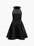 Black Satin Knotted Doule Pockets Open Back Pleated Mini Dress