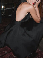 Black Satin Knotted Doule Pockets Open Back Pleated Mini Dress