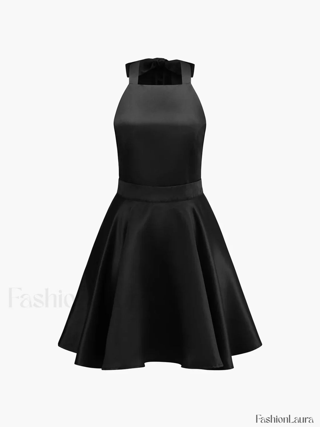 Black Satin Knotted Doule Pockets Open Back Pleated Mini Dress