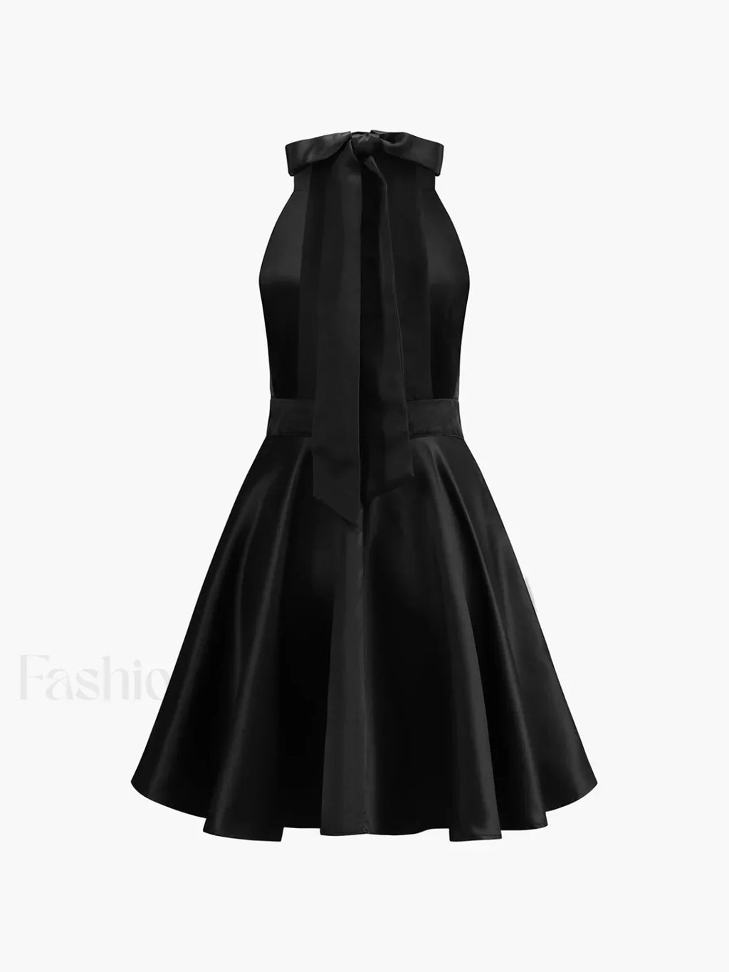 Black Satin Knotted Doule Pockets Open Back Pleated Mini Dress
