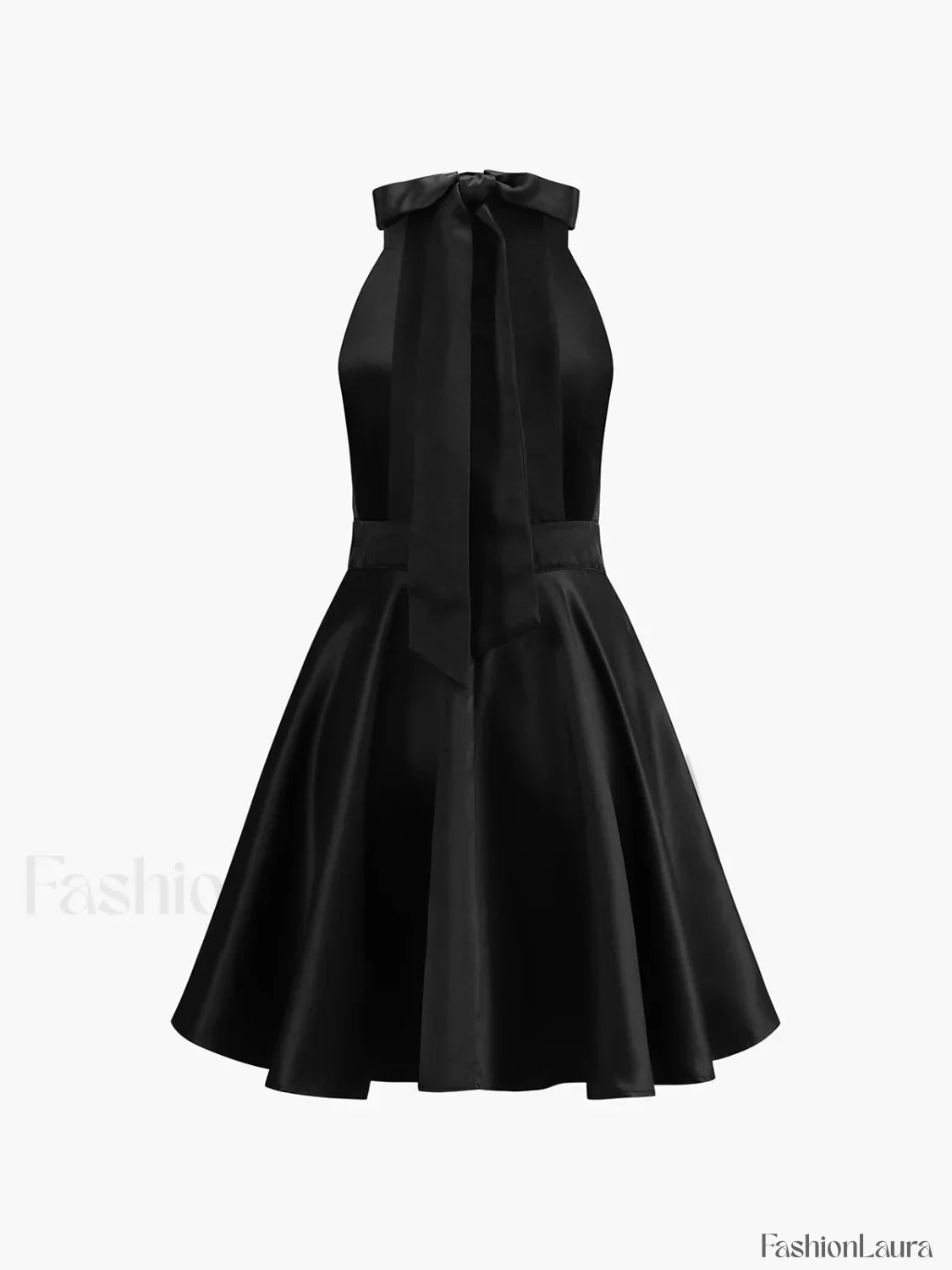Black Satin Knotted Doule Pockets Open Back Pleated Mini Dress