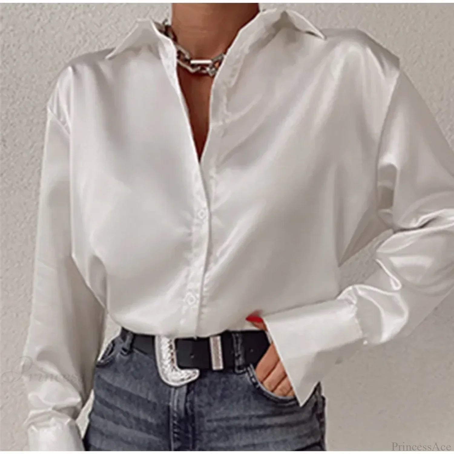 Satin Long Sleeve Vintage Blue Blouse